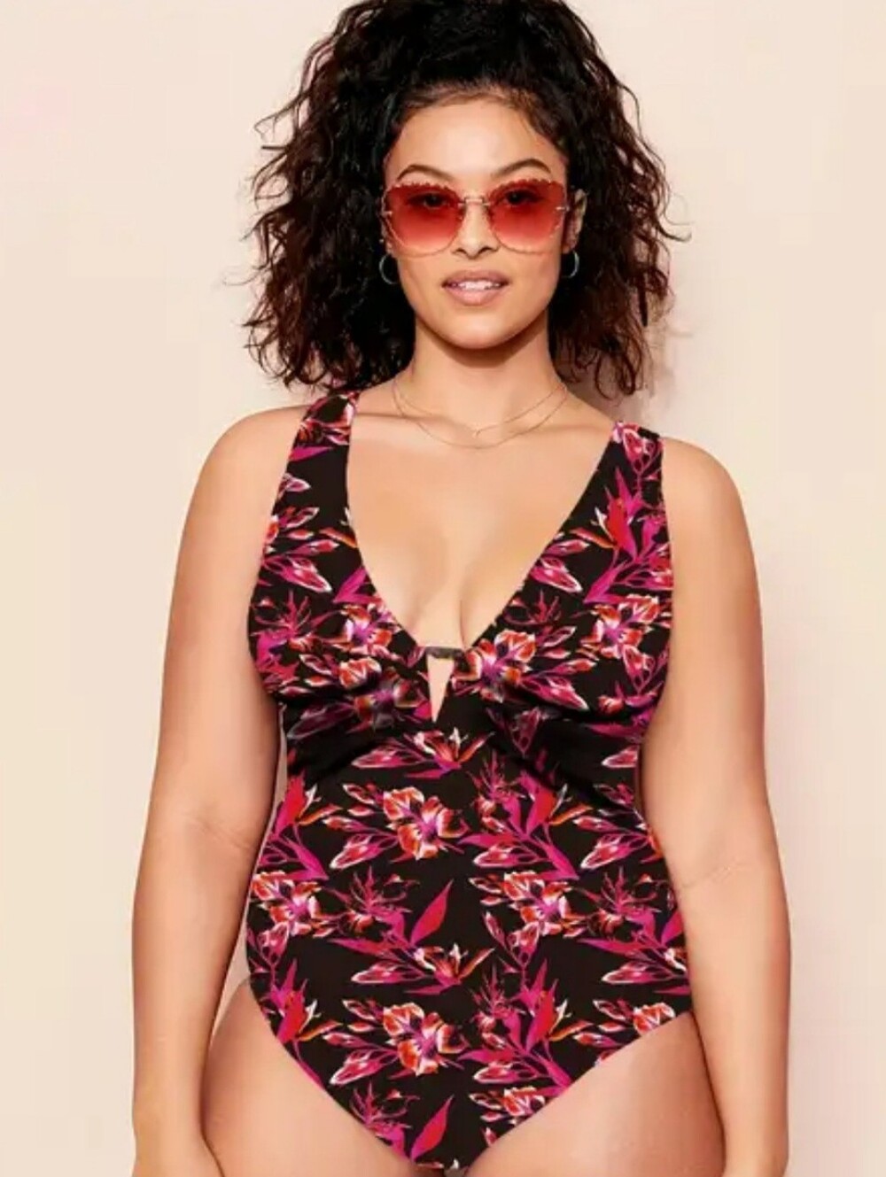 Adore Me Black One-Piece Swimsuit with Pink Floral Print